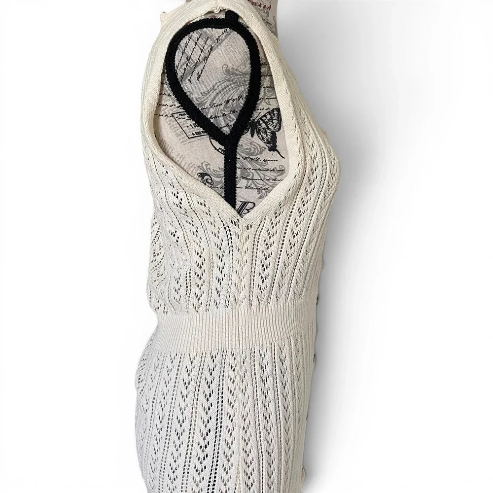 Mango MNG Knit Maxi Dress Womens M Cream Pointelle Button Front Sleeveless Boho - Picture 5 of 15